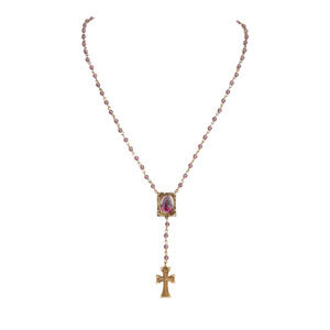 VIRGINS SAINTS & ANGELS VSA Retablo Guadalupe Rosary Necklace in Gold & Pink